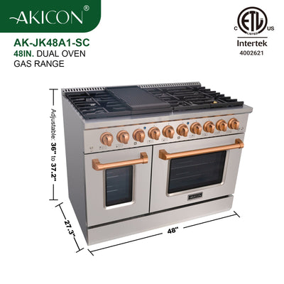 Akicon 48" Slide-in Freestanding Professional Style Gas Range with 6.7 Cu. Ft. Oven, 8 Burners, Convection Fan, Cast Iron Grates. Stainless Steel & Copper