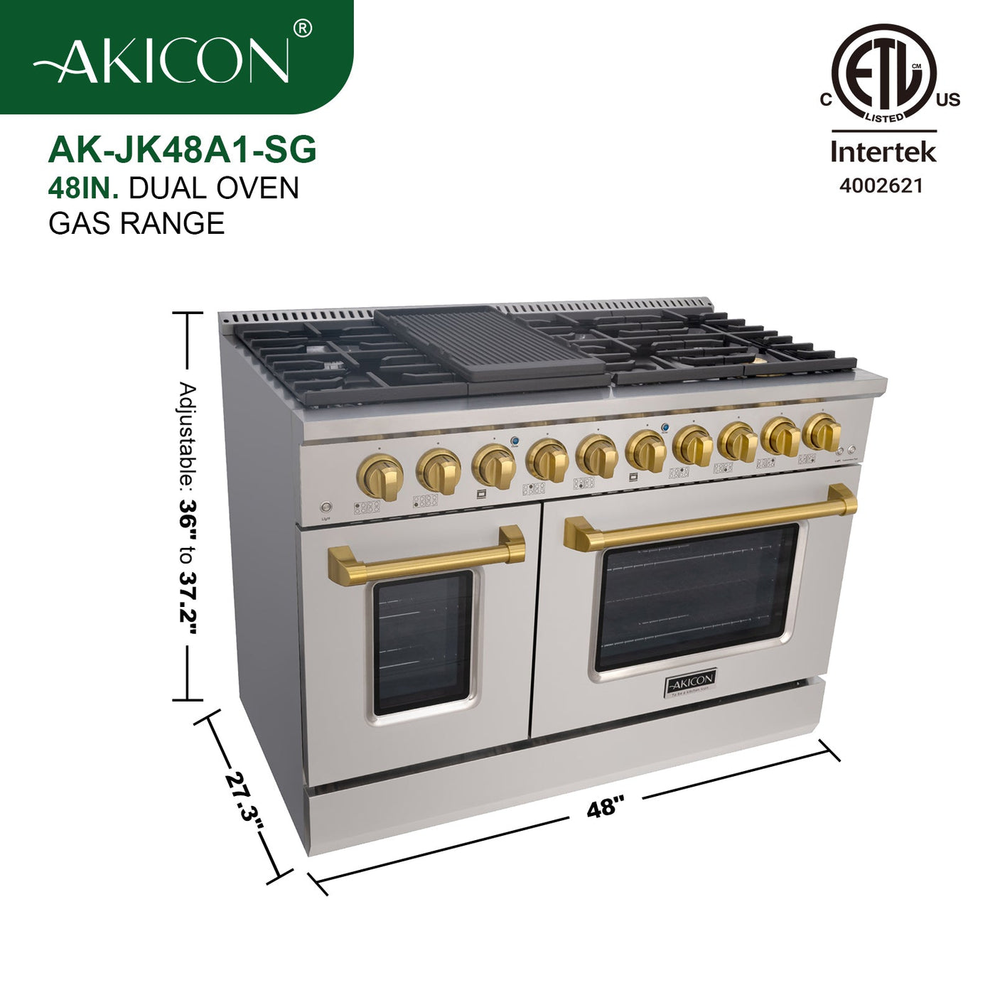 Akicon 48" Slide-in Freestanding Professional Style Gas Range with 6.7 Cu. Ft. Oven, 8 Burners, Convection Fan, Cast Iron Grates. Stainless Steel & Gold