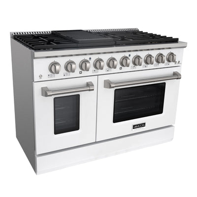 Akicon 48" Slide-in Freestanding Professional Style Gas Range with 6.7 Cu. Ft. Oven, 8 Burners, Convection Fan, Cast Iron Grates. White & Stainless Steel