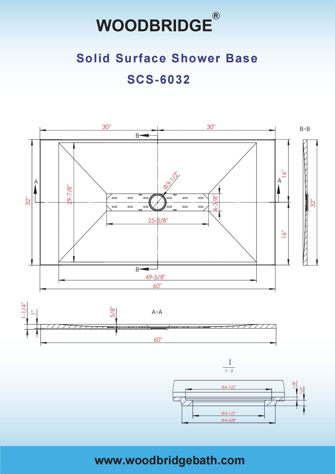 WOODBRIDGE 60-in L x 32-in W Zero Threshold End Drain Shower Base with Center Drain Placement, Matching Decorative Drain Plate and Tile Flange, Wheel Chair Access, Low Profile, White