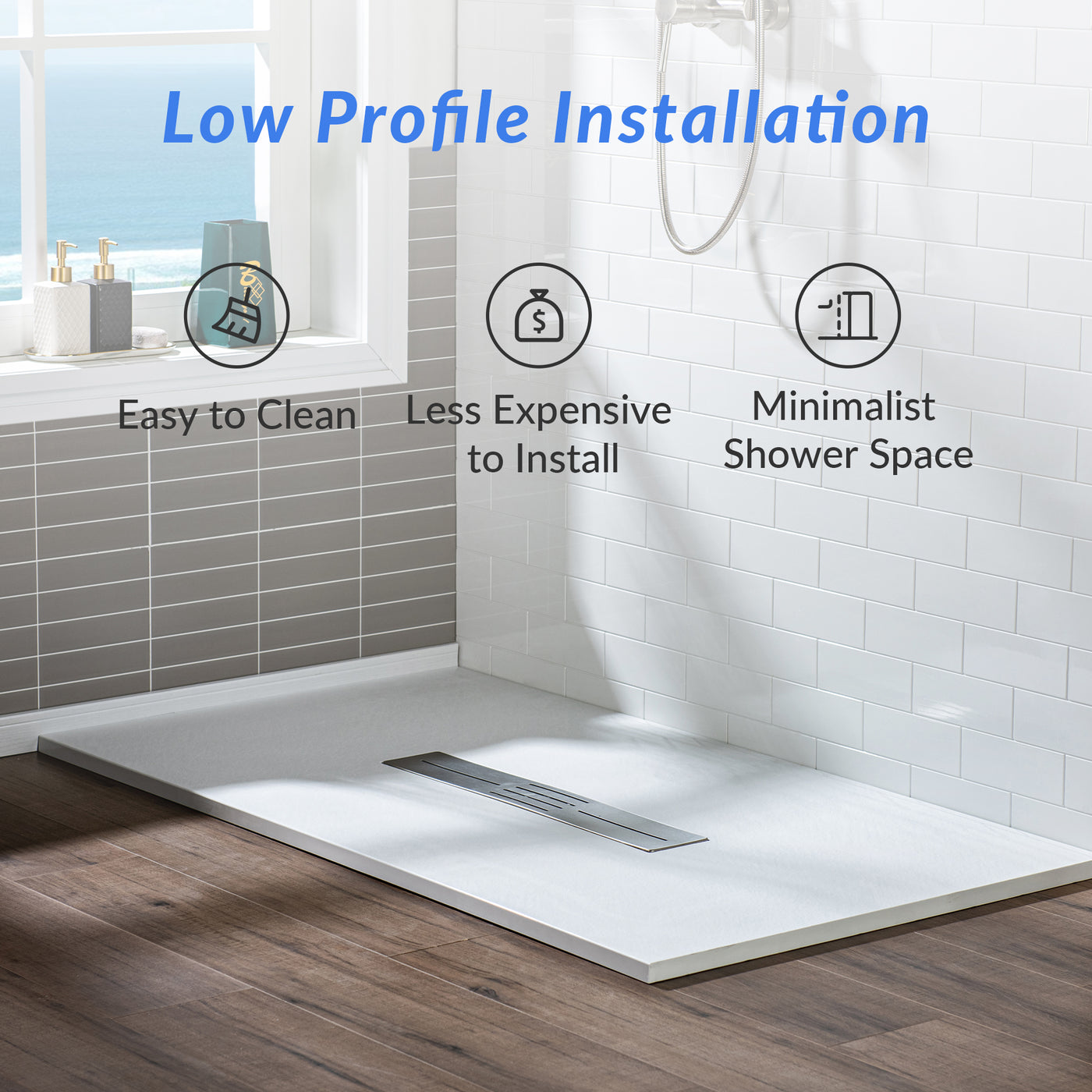 WOODBRIDGE 60-in L x 32-in W Zero Threshold End Drain Shower Base with Center Drain Placement, Matching Decorative Drain Plate and Tile Flange, Wheel Chair Access, Low Profile, White