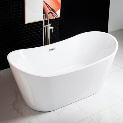 WoodBridge B0010 67" White Acrylic Freestanding Contemporary Soaking Bathtub With Chrome Drain and Overflow