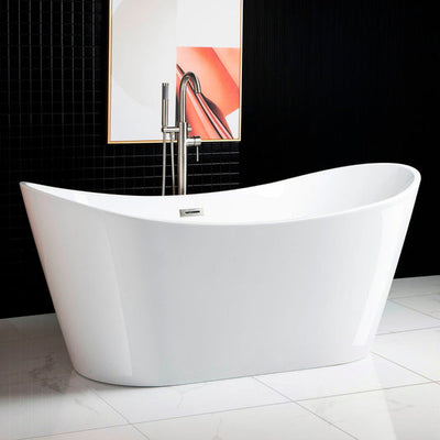 WoodBridge B0010 67" White Acrylic Freestanding Contemporary Soaking Bathtub With Chrome Drain and Overflow