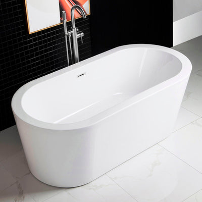 WoodBridge B0012 59" White Acrylic Freestanding Soaking Bathtub With Chrome Drain and Overflow