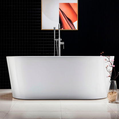 WoodBridge B0012 59" White Acrylic Freestanding Soaking Bathtub With Chrome Drain and Overflow