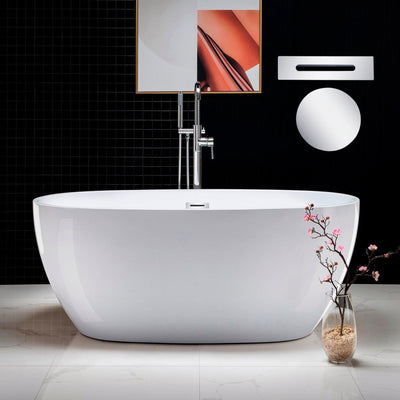 WoodBridge B0018 59" White Acrylic Freestanding Soaking Bathtub With Chrome Drain and Overflow