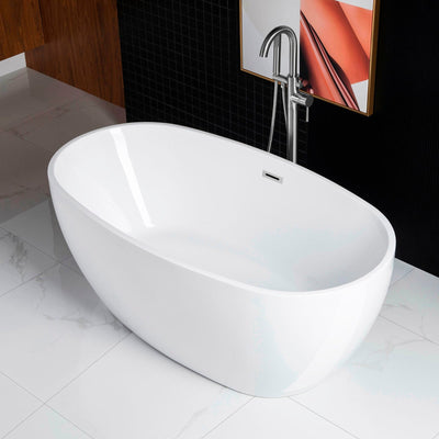 WoodBridge B0018 59" White Acrylic Freestanding Soaking Bathtub With Chrome Drain and Overflow