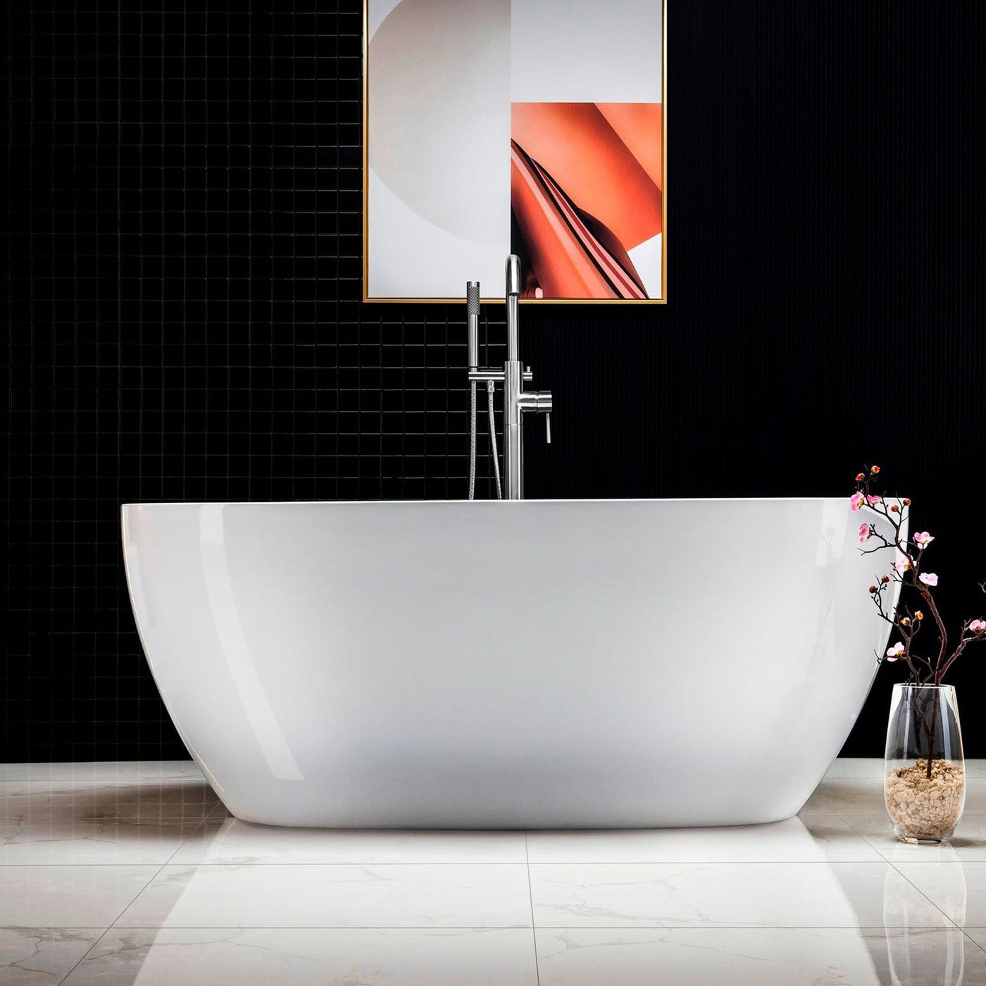 WoodBridge B0018 59" White Acrylic Freestanding Soaking Bathtub With Chrome Drain and Overflow