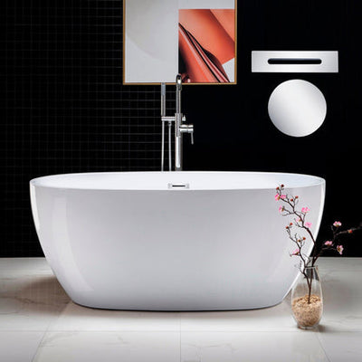 WoodBridge B0018 59" White Acrylic Freestanding Soaking Bathtub With Chrome Drain and Overflow