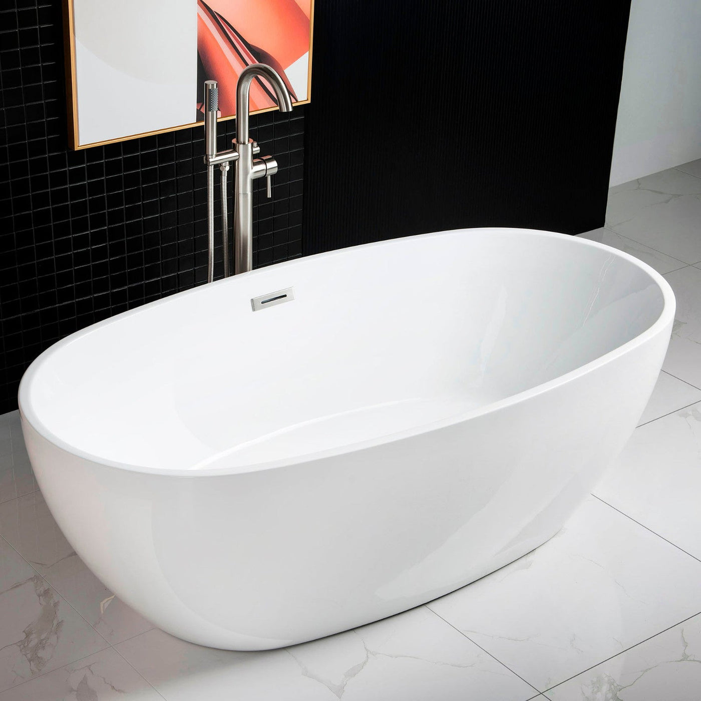 WoodBridge B0028 67" White Acrylic Freestanding Soaking Bathtub With Chrome Drain and Overflow