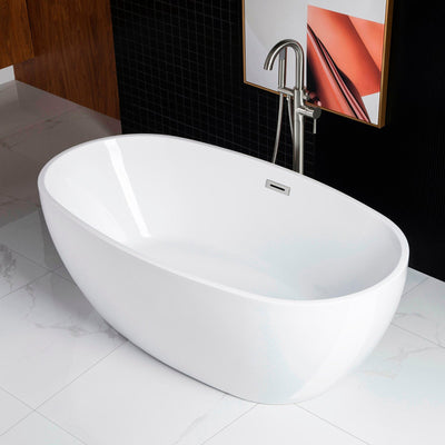 WoodBridge B0028 67" White Acrylic Freestanding Soaking Bathtub With Chrome Drain and Overflow