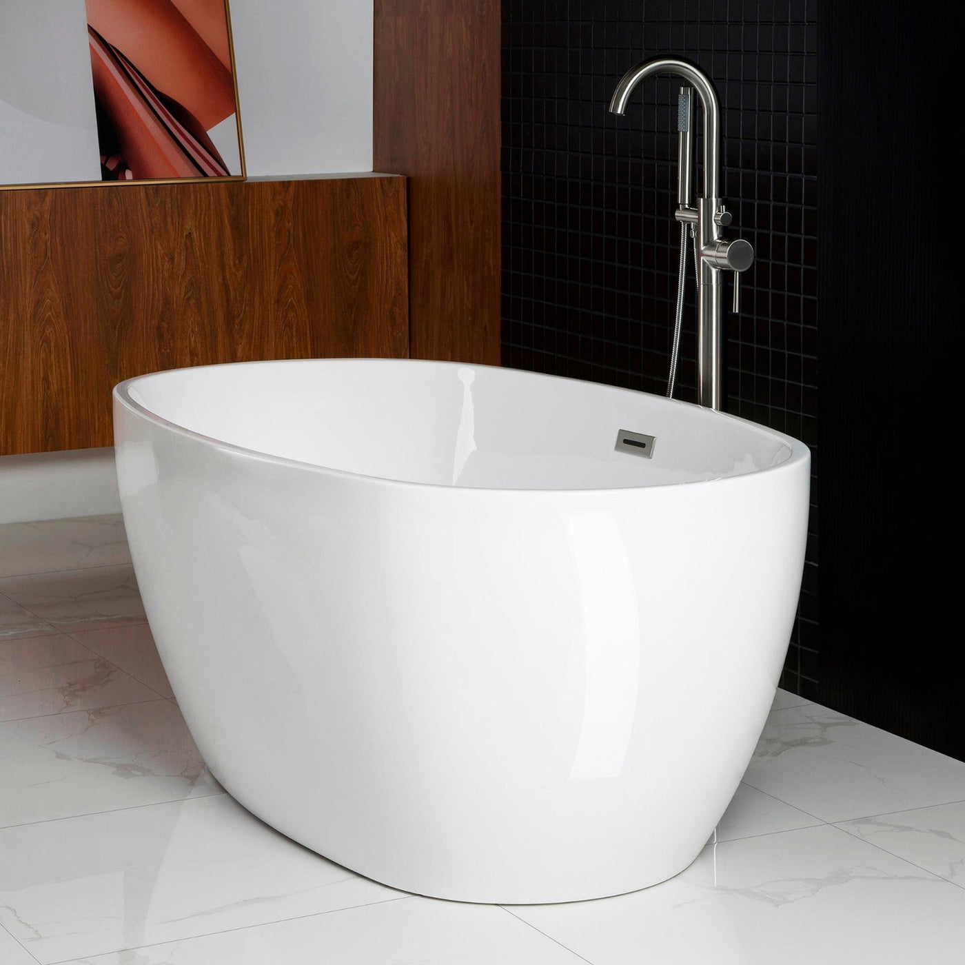 WoodBridge B0028 67" White Acrylic Freestanding Soaking Bathtub With Chrome Drain and Overflow