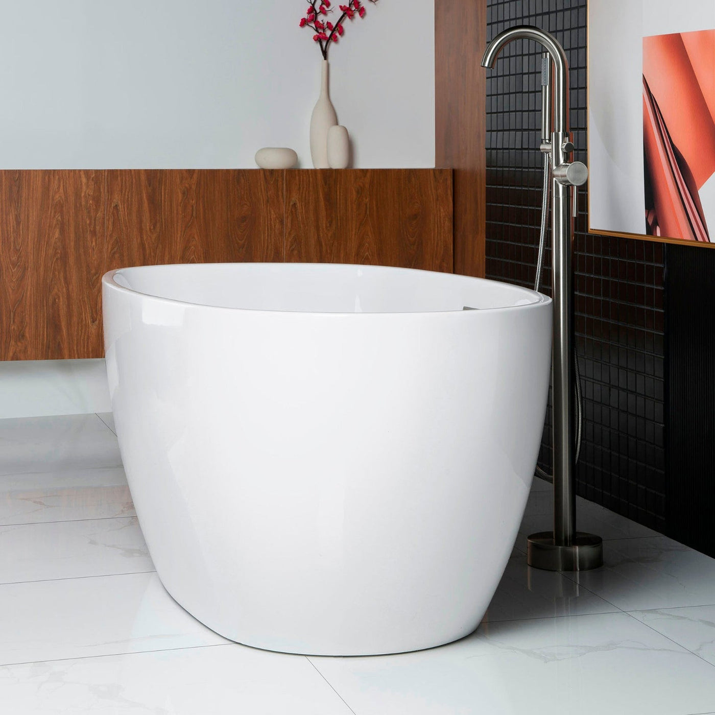 WoodBridge B0028 67" White Acrylic Freestanding Soaking Bathtub With Chrome Drain and Overflow