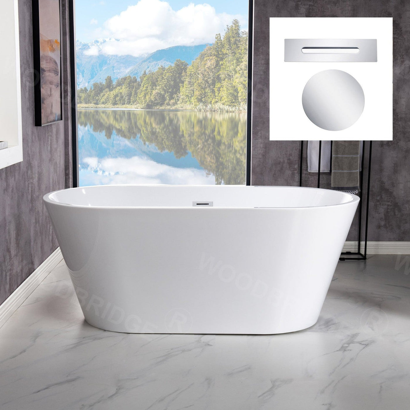 WoodBridge B1702 54" White Acrylic Freestanding Soaking Bathtub With Chrome Drain and Overflow