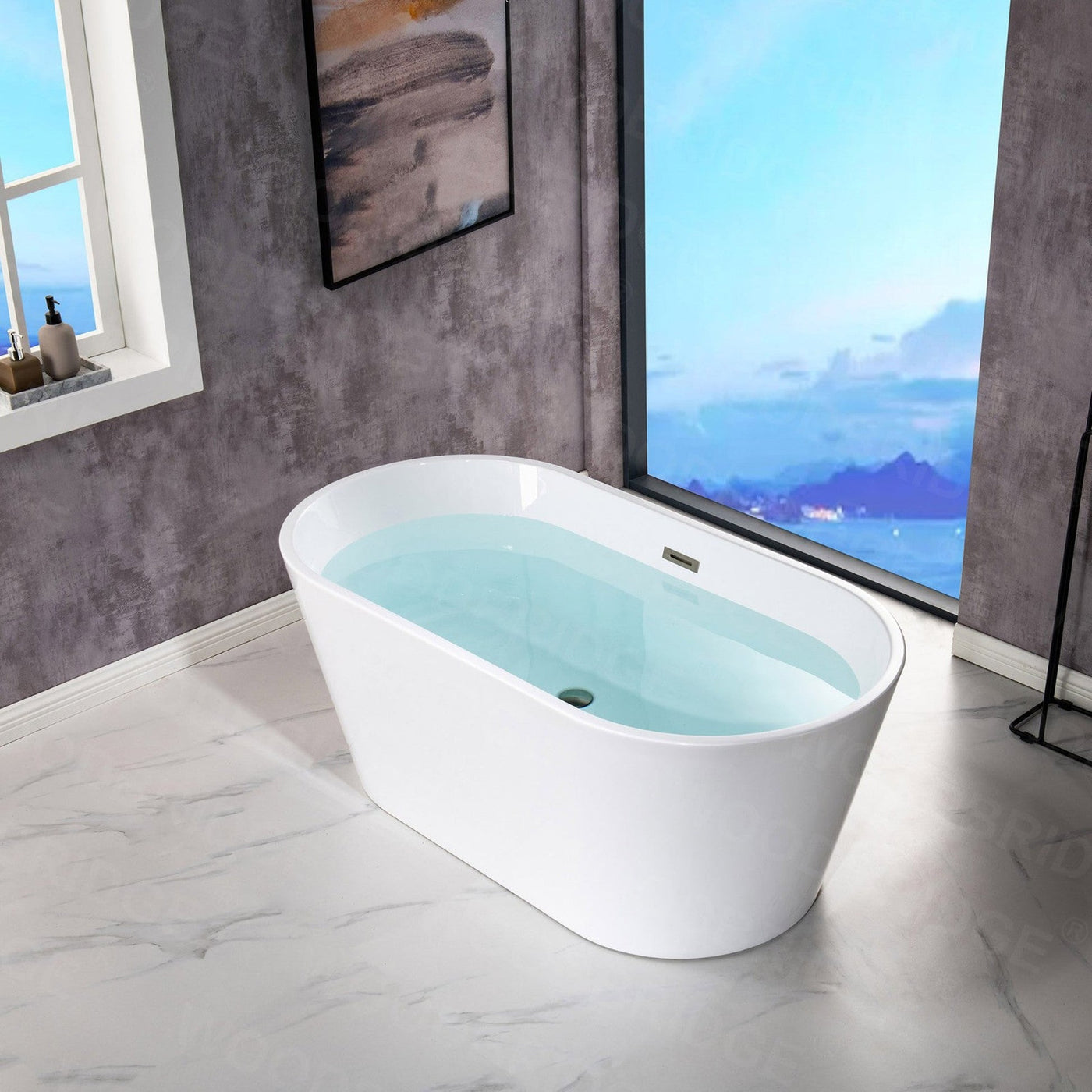 WoodBridge B1702 54" White Acrylic Freestanding Soaking Bathtub With Chrome Drain and Overflow