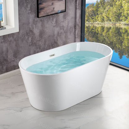 WoodBridge B1702 54" White Acrylic Freestanding Soaking Bathtub With Chrome Drain and Overflow