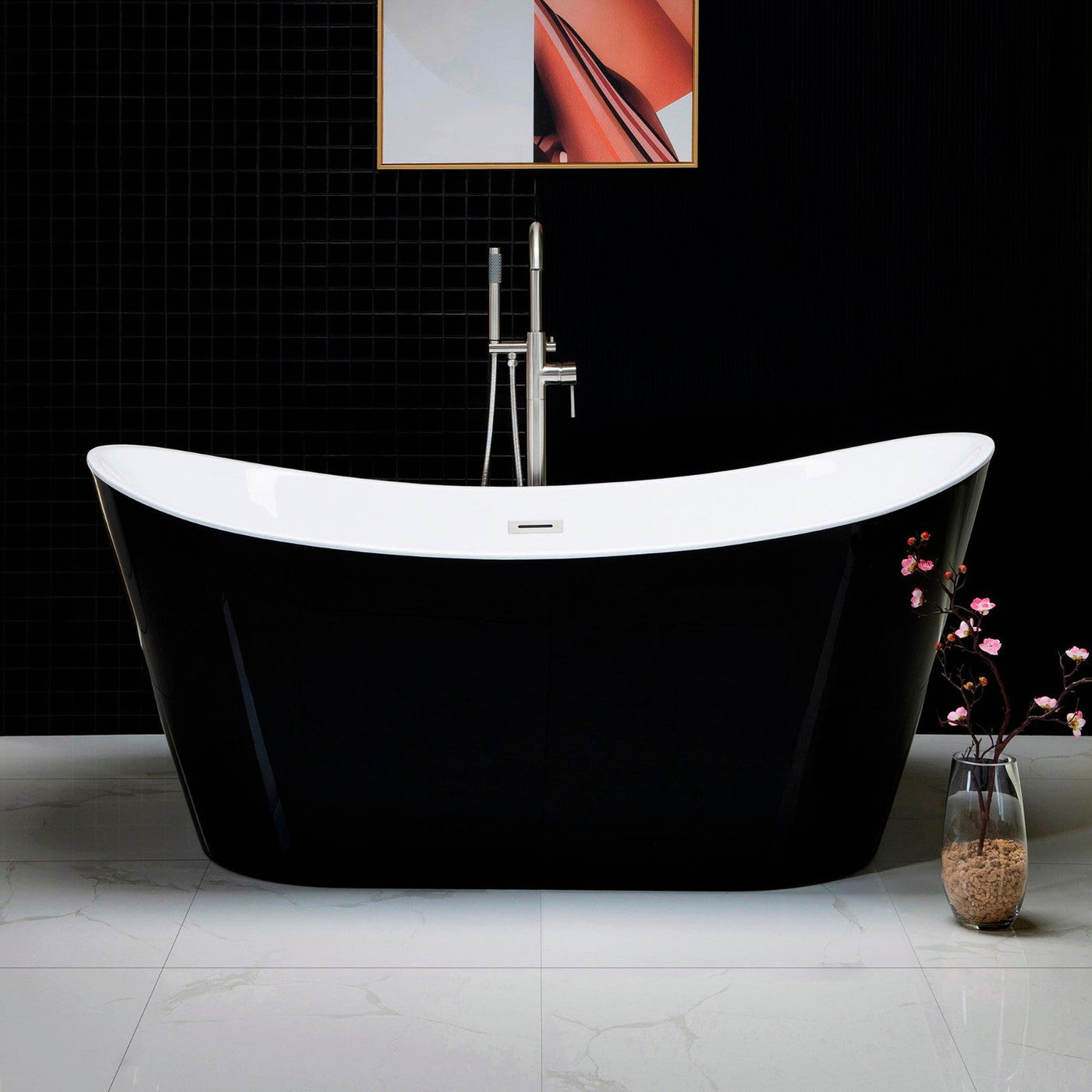 WoodBridge B1815 67" Black Acrylic Freestanding Contemporary Soaking Bathtub With Brushed Nickel Drain, Overflow, F0001BNRD Tub Filler and Caddy Tray