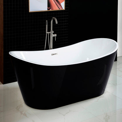 WoodBridge B1815 67" Black Acrylic Freestanding Contemporary Soaking Bathtub With Brushed Nickel Drain, Overflow, F0001BNRD Tub Filler and Caddy Tray