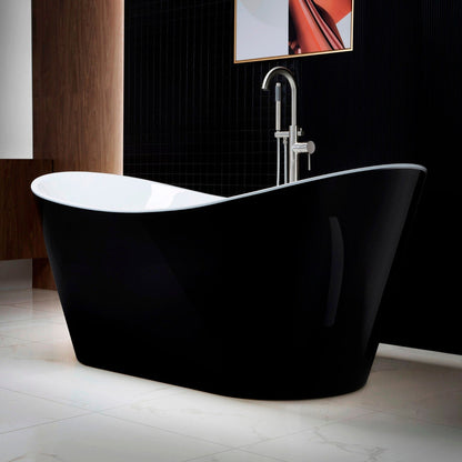 WoodBridge B1815 67" Black Acrylic Freestanding Contemporary Soaking Bathtub With Brushed Nickel Drain, Overflow, F0001BNRD Tub Filler and Caddy Tray