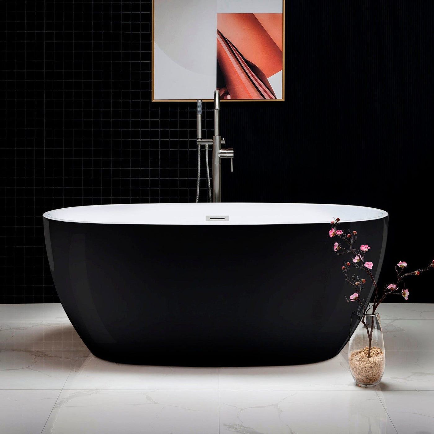 WoodBridge B1818 59" Black Acrylic Freestanding Soaking Bathtub With Brushed Nickel Drain and Overflow