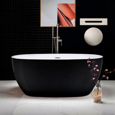 WoodBridge B1818 59" Black Acrylic Freestanding Soaking Bathtub With Brushed Nickel Drain and Overflow