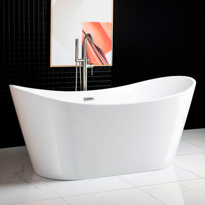 WOODBRIDGE 67" Acrylic Freestanding Bathtub Contemporary Soaking Tub with Chrome Overflow and Drain,White Tub,B0010-C-Drain&O