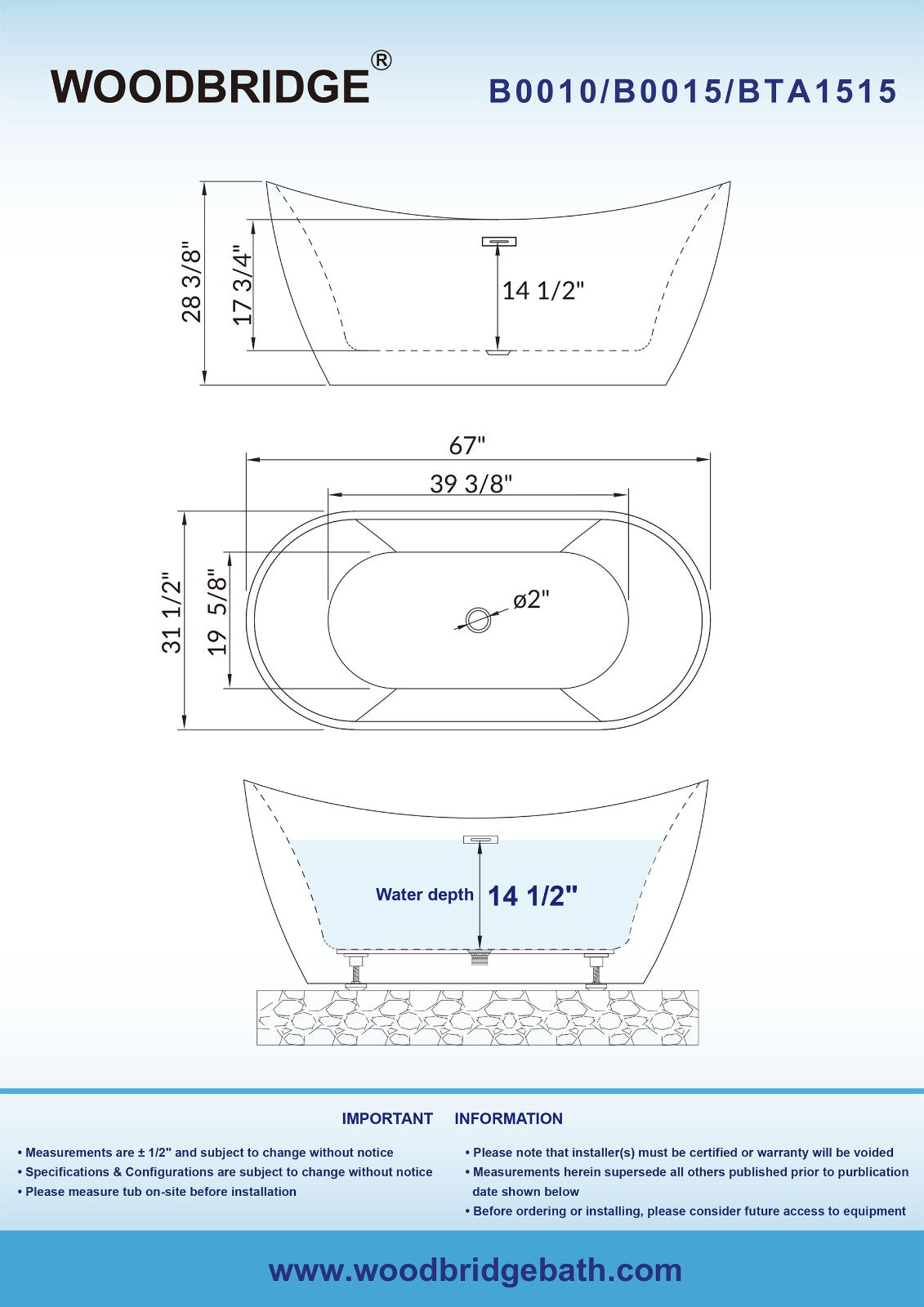 WOODBRIDGE 67" Acrylic Freestanding Bathtub Contemporary Soaking Tub with Chrome Overflow and Drain,White Tub,B0010-C-Drain&O