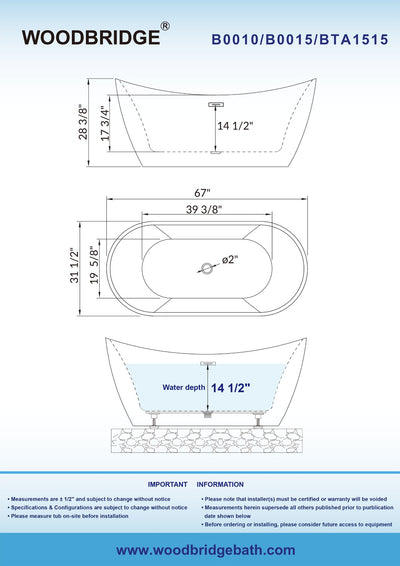 WOODBRIDGE 67" Acrylic Freestanding Bathtub Contemporary Soaking Tub with Chrome Overflow and Drain,White Tub,B0010-C-Drain&O