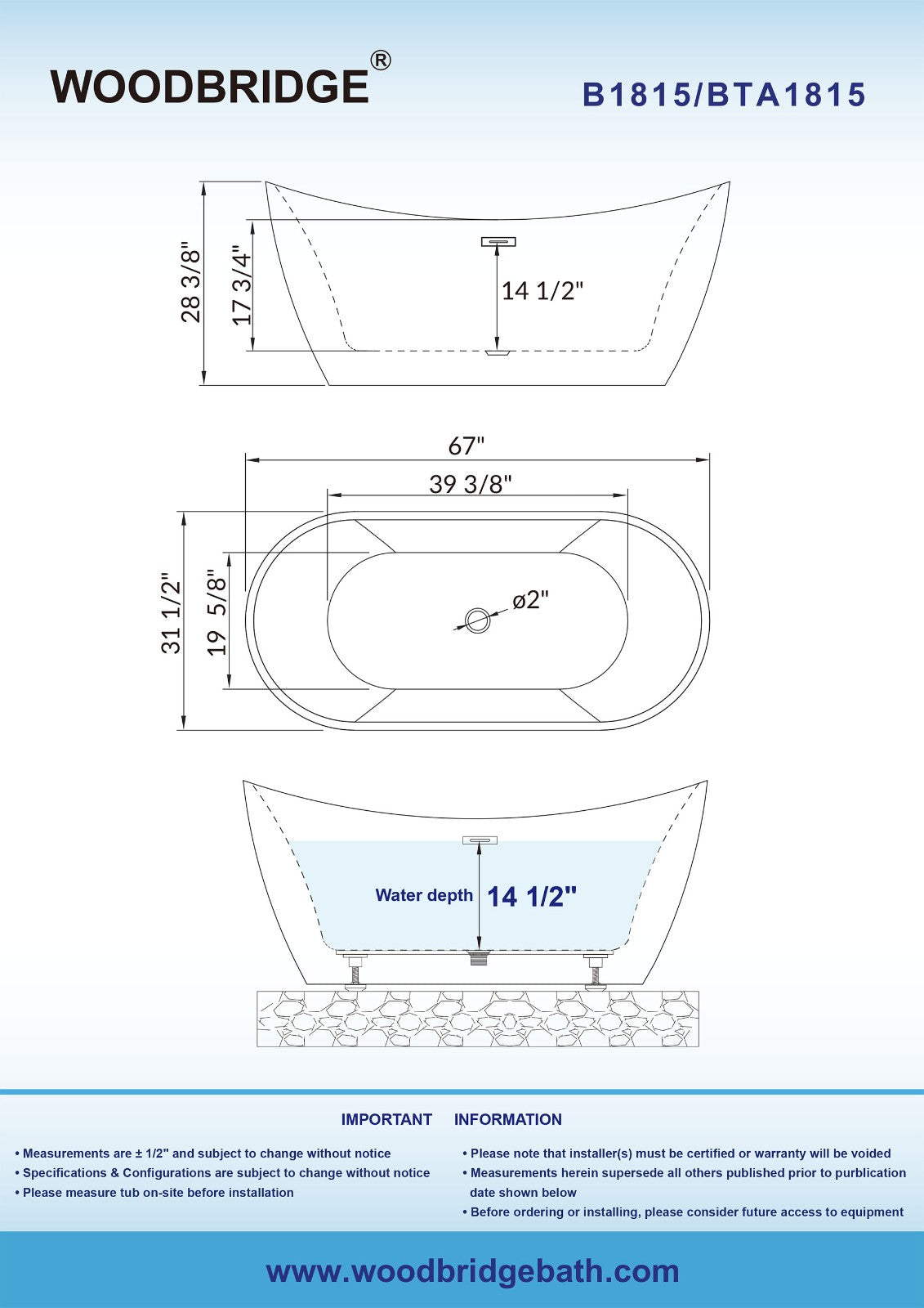 WOODBRIDGE B-1815 67" Acrylic Freestanding Bathtub Contemporary Soaking Tub with Brushed Nickel Overflow and Drain BTA1815-B,Black Tub