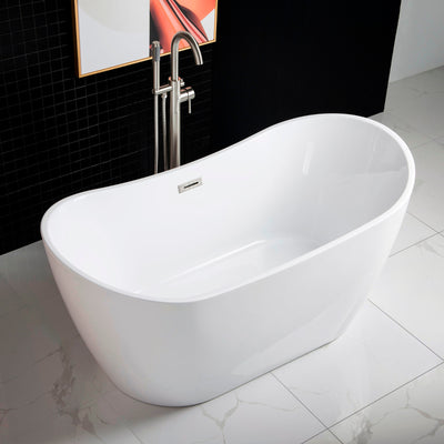 WOODBRIDGE 59" Acrylic Freestanding Bathtub Contemporary Soaking Tub with Chrome Overflow and Drain,White Tub,B0016-C-Drain&O