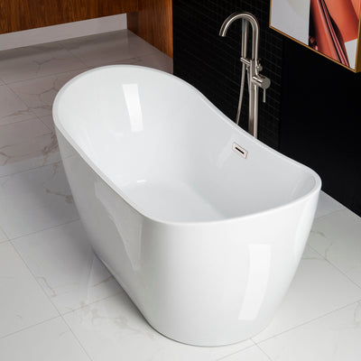 WOODBRIDGE 59" Acrylic Freestanding Bathtub Contemporary Soaking Tub with Chrome Overflow and Drain,White Tub,B0016-C-Drain&O