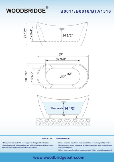 WOODBRIDGE 59" Acrylic Freestanding Bathtub Contemporary Soaking Tub with Chrome Overflow and Drain,White Tub,B0016-C-Drain&O