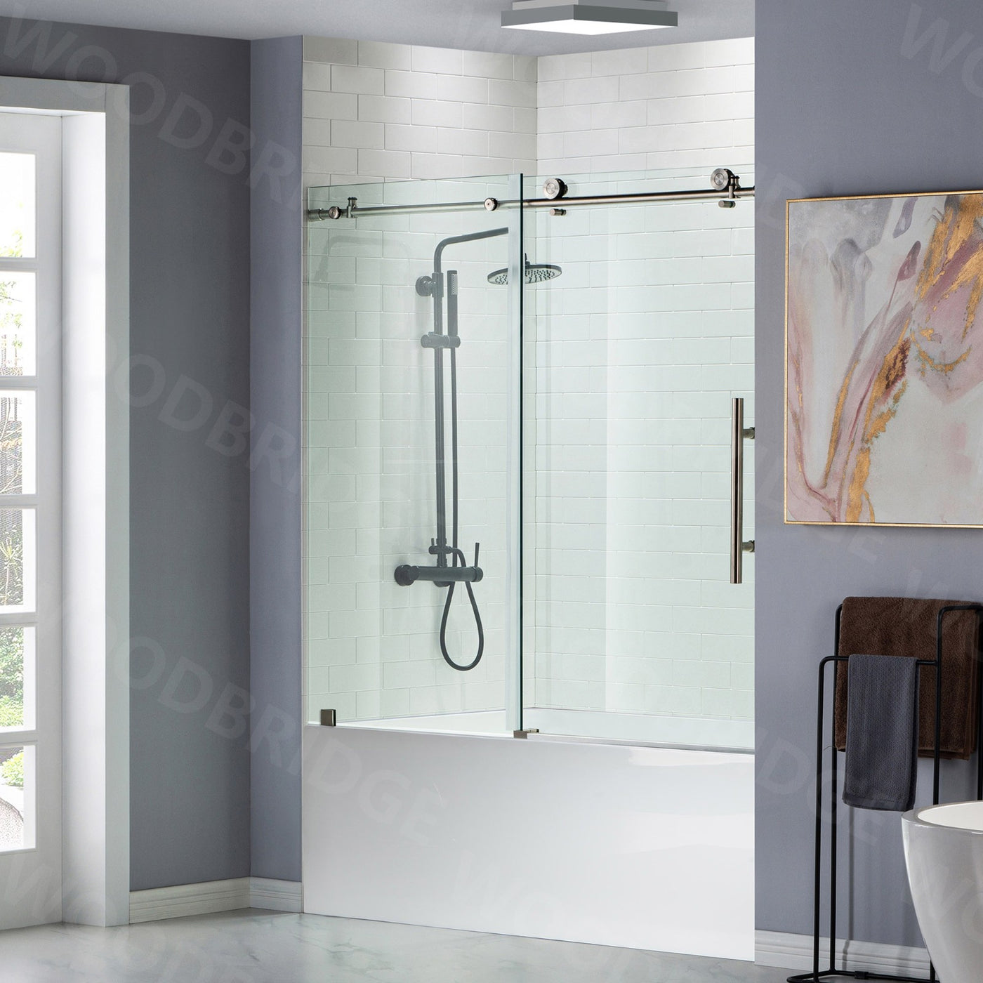 WOODBRIDGE Frameless Bathtub Shower Doors 56-60" Width x 62"Height with 3/8"(10mm) Clear Tempered Glass in Brushed Nickel Finish,MBSDC6062-BN