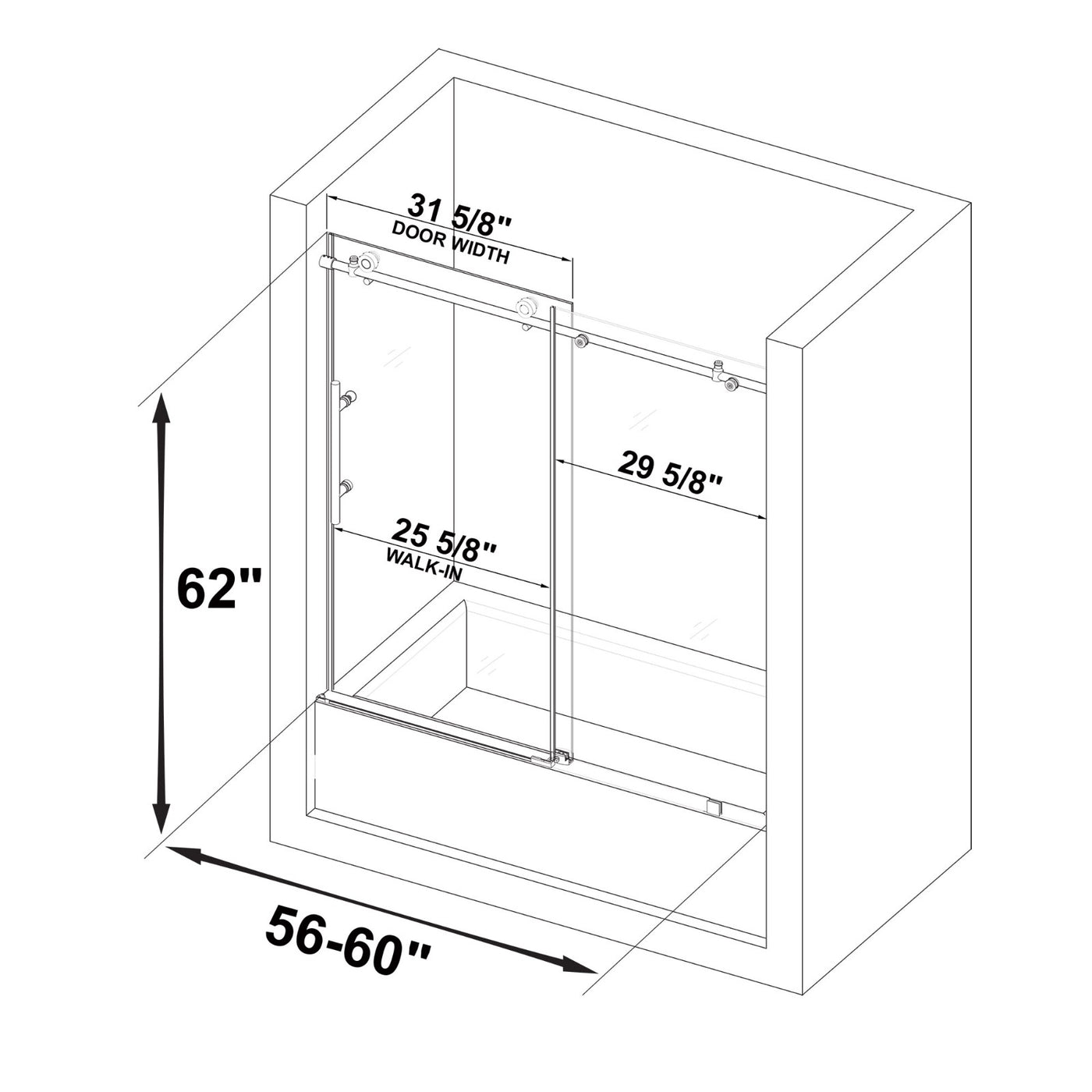 WOODBRIDGE Frameless Bathtub Shower Doors 56-60" Width x 62"Height with 3/8"(10mm) Clear Tempered Glass in Brushed Nickel Finish,MBSDC6062-BN