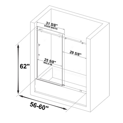 WOODBRIDGE Frameless Bathtub Shower Doors 56-60" Width x 62"Height with 3/8"(10mm) Clear Tempered Glass in Brushed Nickel Finish,MBSDC6062-BN