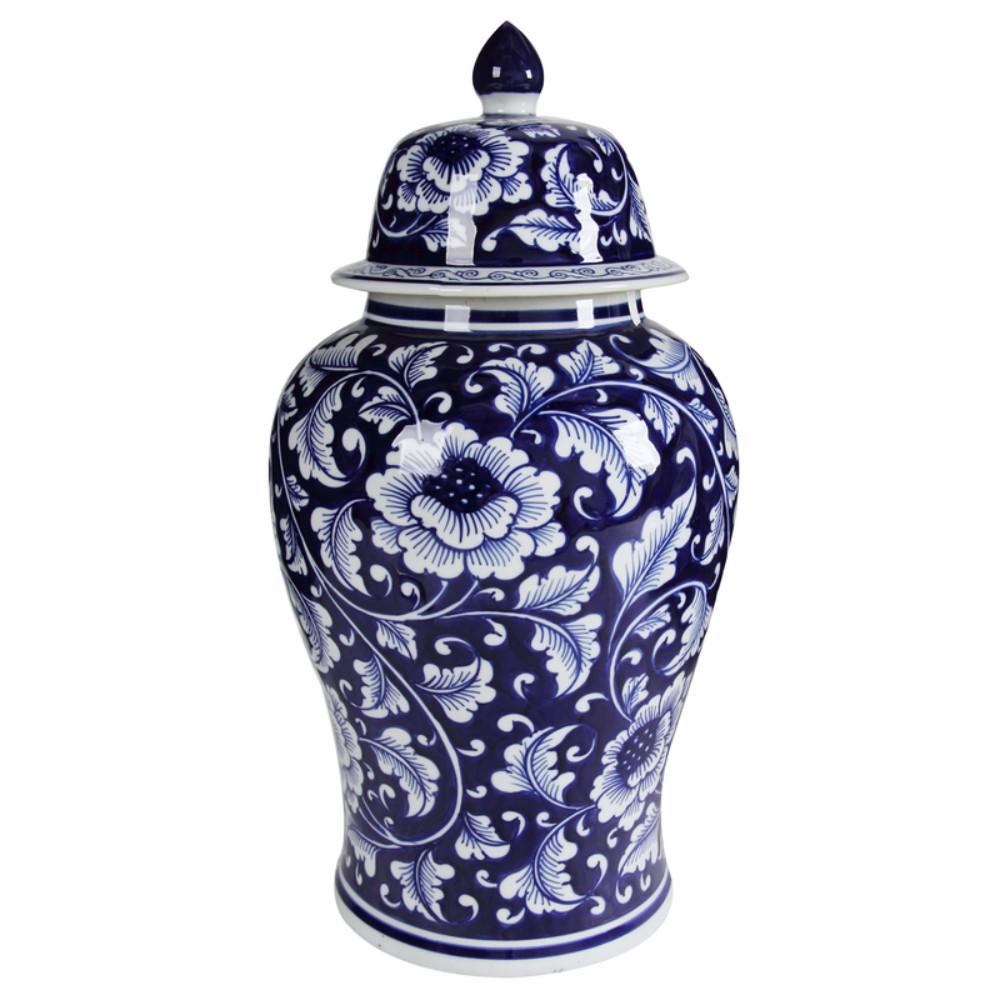 BENZARA Floral Design Ginger Jar with Lid, Blue and White - BM145820