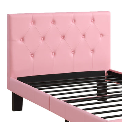 BENZARA Faux Leather Upholstered Twin size Bed With tufted Headboard, Pink - BM171751