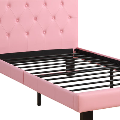 BENZARA Faux Leather Upholstered Twin size Bed With tufted Headboard, Pink - BM171751