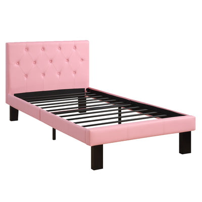 BENZARA Faux Leather Upholstered Twin size Bed With tufted Headboard, Pink - BM171751