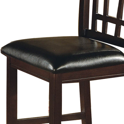 BENZARA Lattice Back 24" Wooden Counter Height Chair with Leatherette Seat, Set of 2, Brown and Black