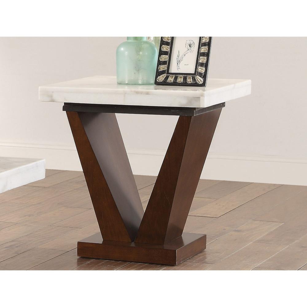 BENZARA Marble Top End Table with V Shaped Wooden Base, White And Brown - BM185809