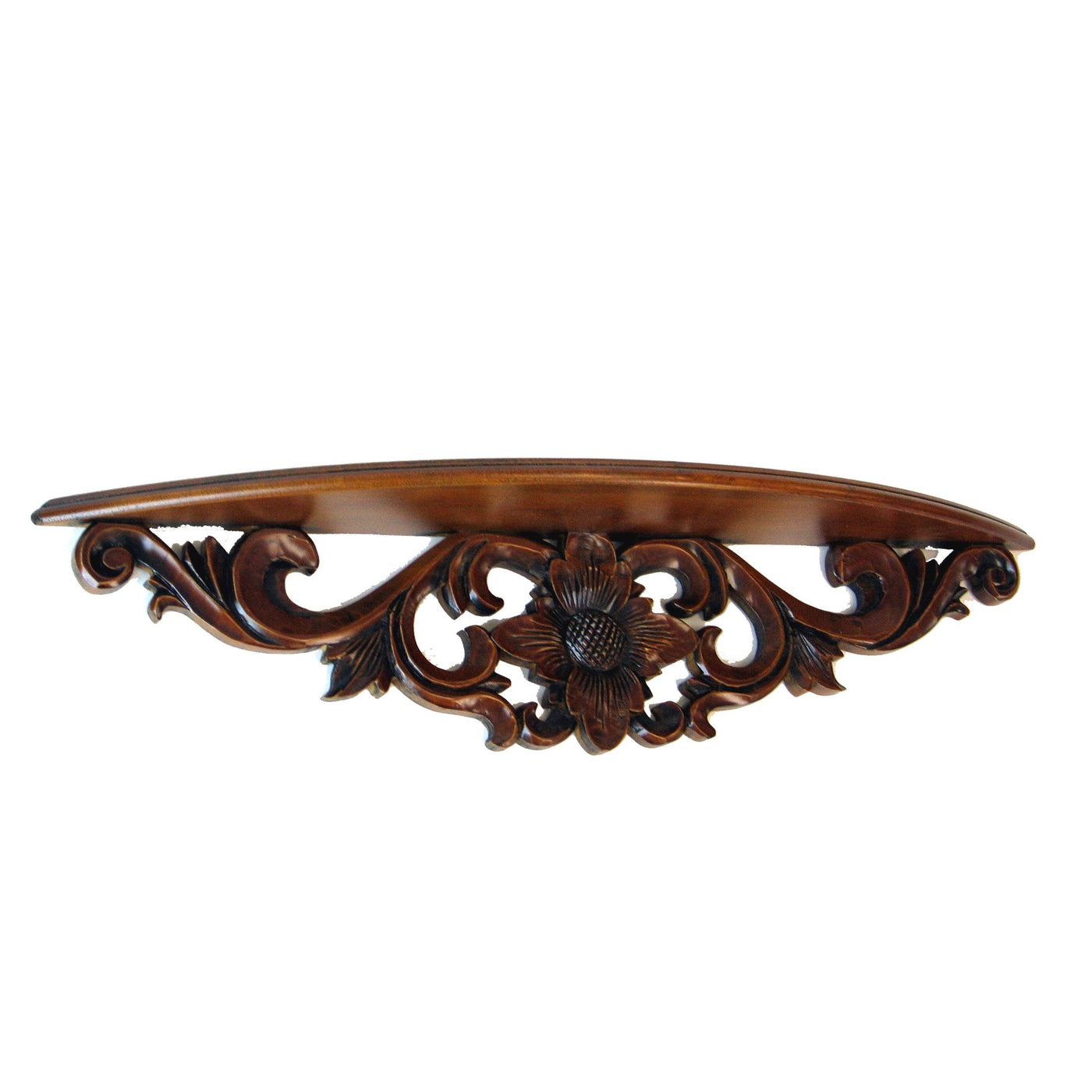 BENZARA Hand Carved Wooden Floating Wall Shelf in Floral Design, Brown - BM210438