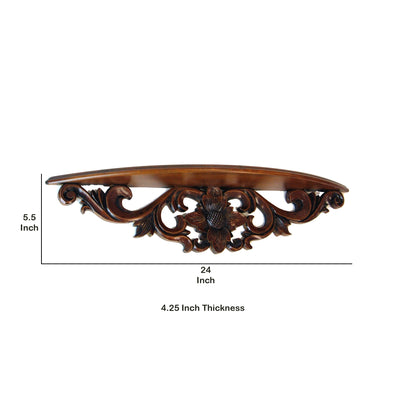 BENZARA Hand Carved Wooden Floating Wall Shelf in Floral Design, Brown - BM210438