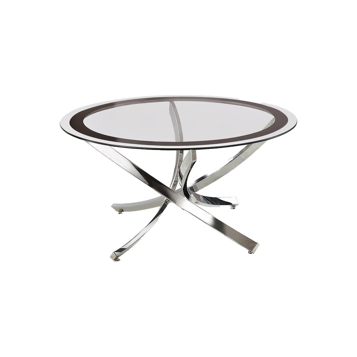 BENZARA Round Tempered Glass Top Coffee Table with Metal Legs, Silver and Clear - BM219598