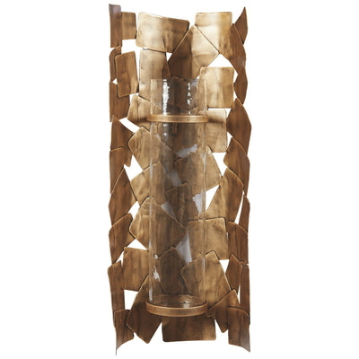 BENZARA Bulged Frame Metal Wall Sconce with Candle Holder, Antique Gold and Clear - BM226522