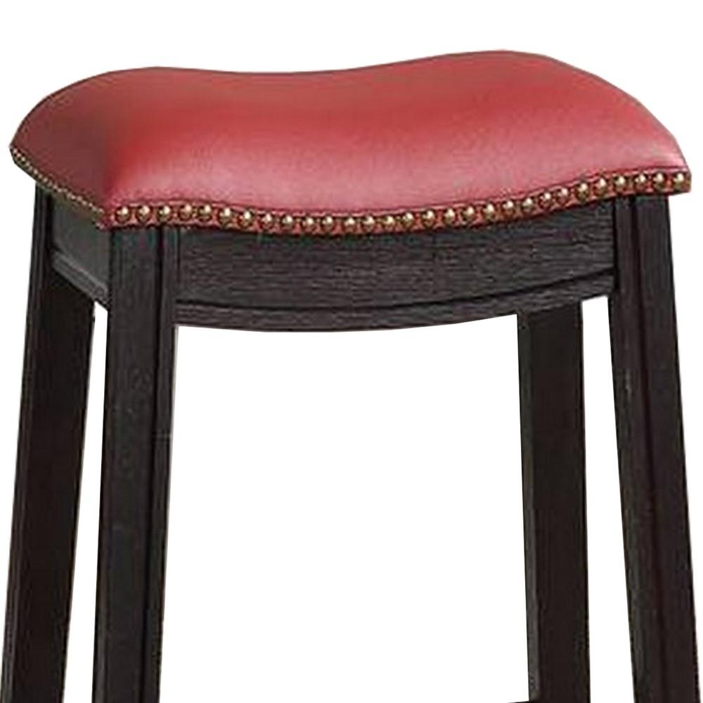 BENZARA 24 Inch Padded Counter Stool with Nailhead Trim, Set of 2, Brown and Red - BM233107