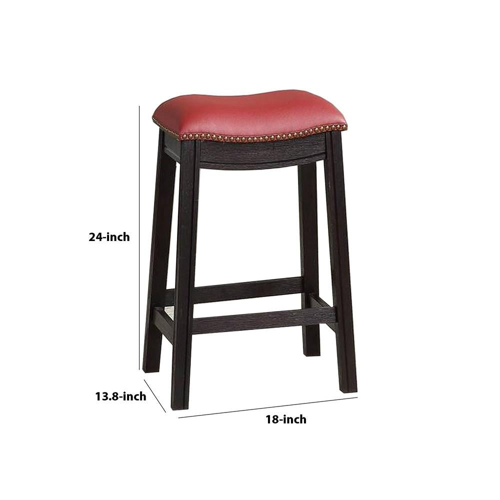 BENZARA 24 Inch Padded Counter Stool with Nailhead Trim, Set of 2, Brown and Red - BM233107