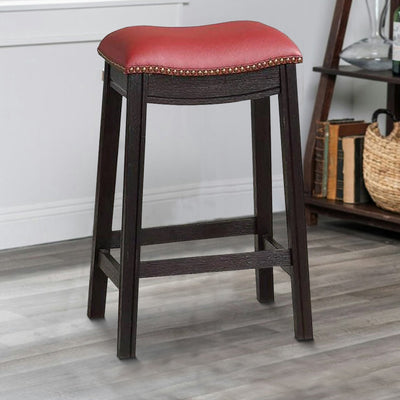 BENZARA 24 Inch Padded Counter Stool with Nailhead Trim, Set of 2, Brown and Red - BM233107