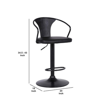 BENZARA Adjustable Leatherette Swivel Barstool with Curved Back, Black - BM236621