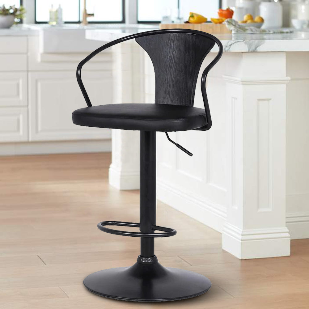 BENZARA Adjustable Leatherette Swivel Barstool with Curved Back, Black - BM236621